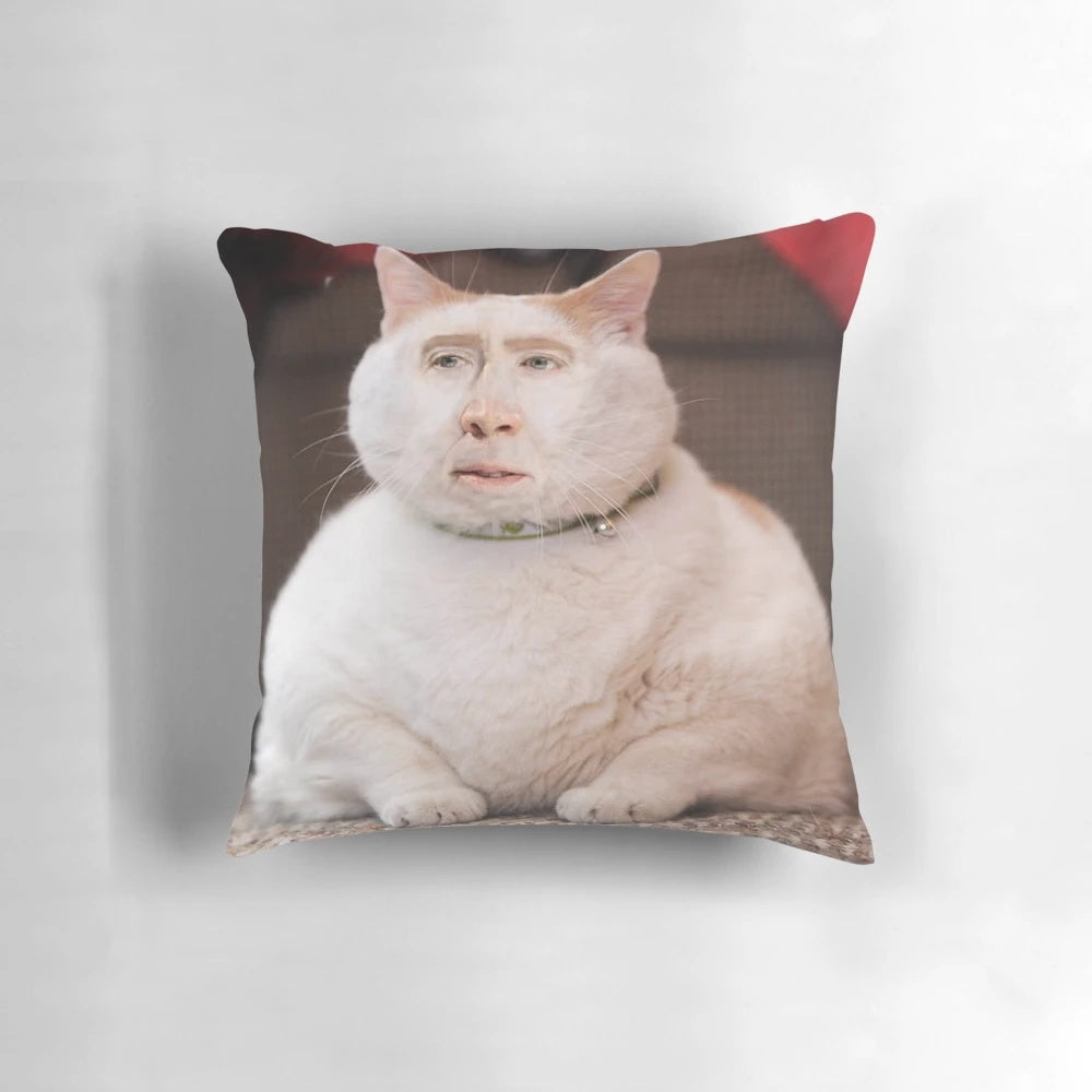 Playful Nicolas Cage cat-themed throw pillow, perfect for fans of the actor and feline enthusiasts