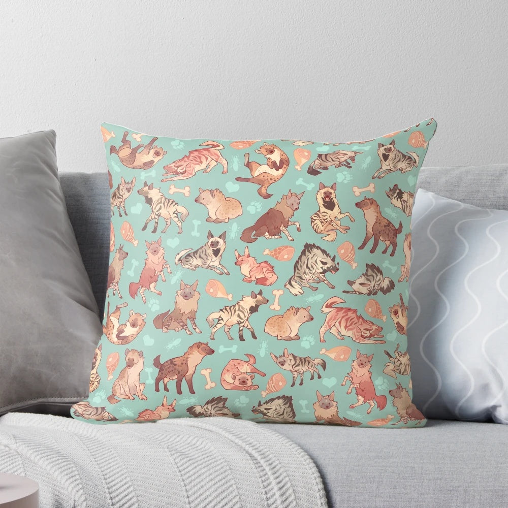 Colorful hyena pattern printed on a soft, plush pillow