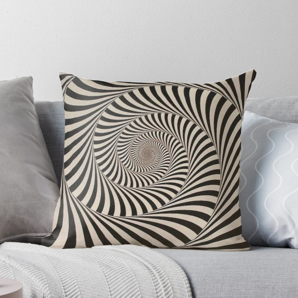 A visually striking psychedelic art pillow featuring a mesmerizing spiral design in black and white.