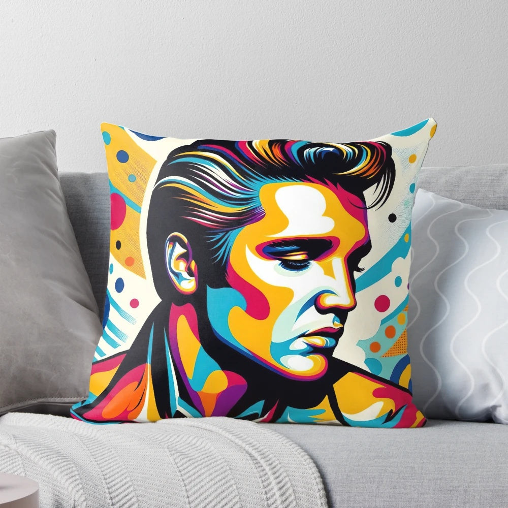 An Elvis Presley pop art pillow featuring the iconic image of the King of Rock & Roll.