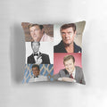 Closeup of a vintage Roger Moore signed pillow, featuring the legendary British actor from classic films and television.