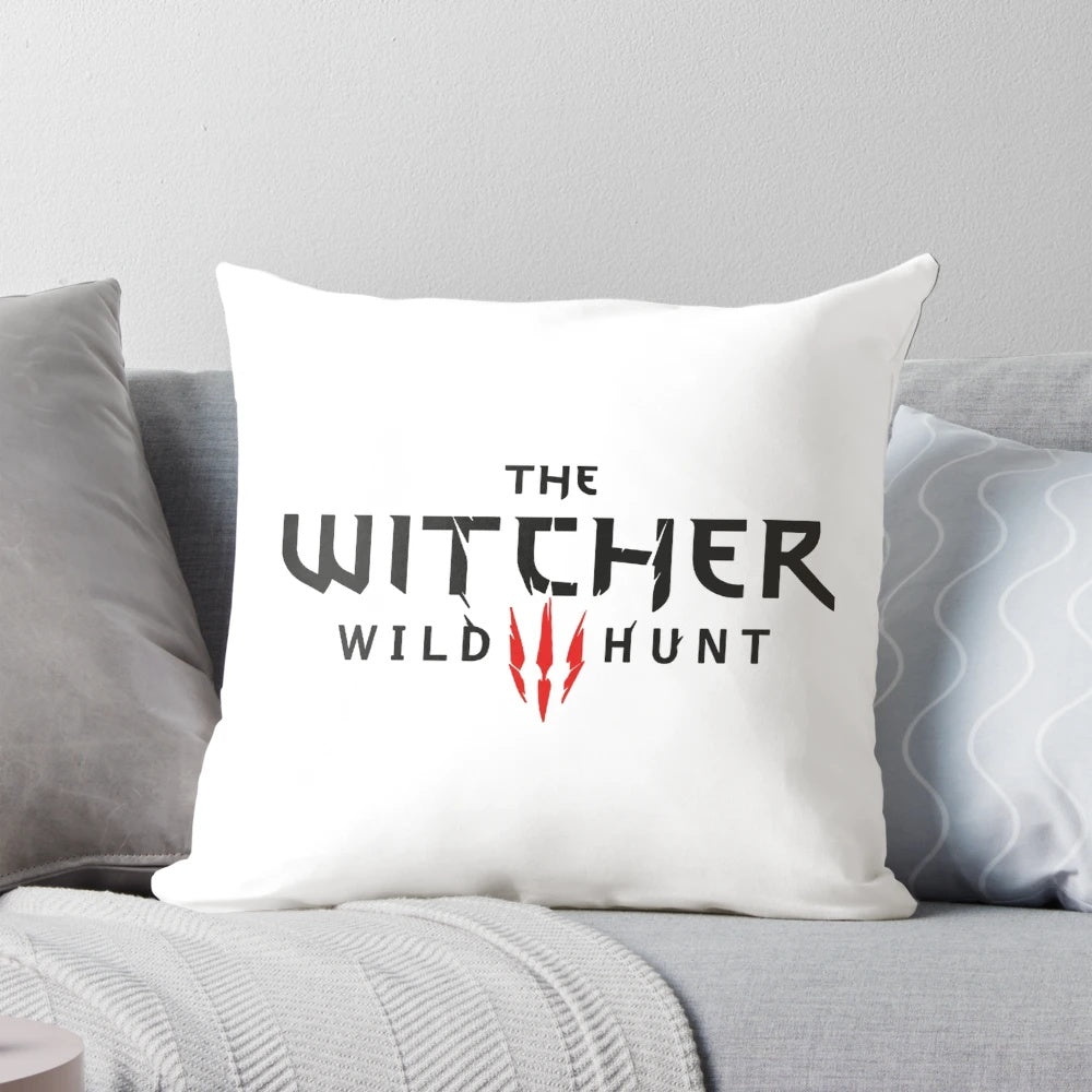 A soft, plush pillow featuring the iconic logo and characters from the hit video game The Witcher 3: Wild Hunt