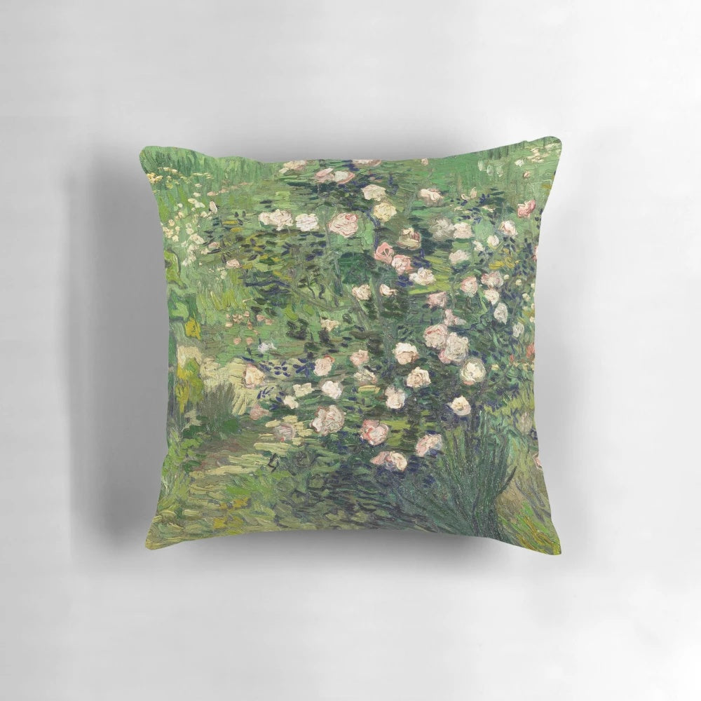 Vibrant floral pillow featuring the iconic "Roses" painting by renowned Impressionist artist Vincent van Gogh