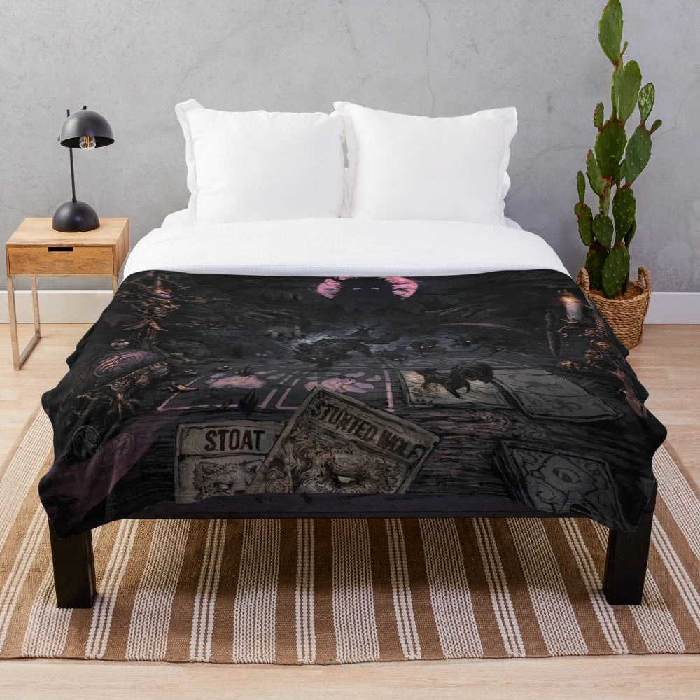Inscryption-inspired plush blanket featuring dark fantasy game art and Leshy character