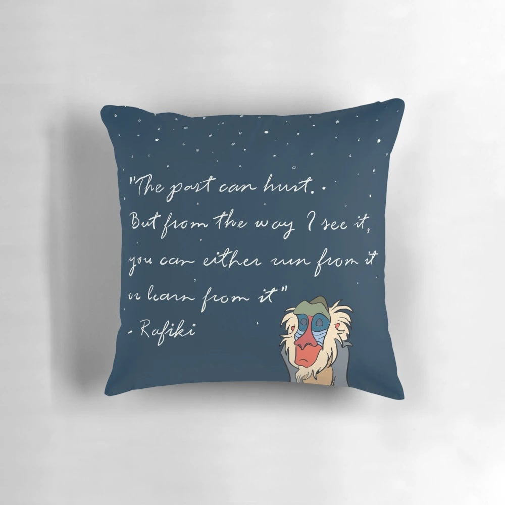Vintage-inspired Rafiki quote pillow featuring a navy blue background with stars