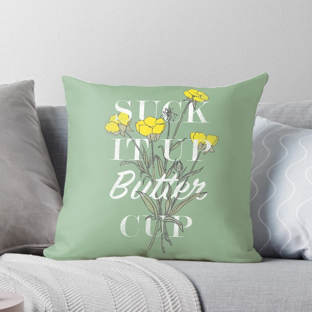 Vintage-inspired "Suck It Up Buttercup" throw pillow with a mint green and floral design, perfect for southern-inspired home decor.