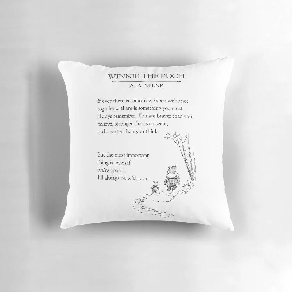 Winnie the Pooh quote pillow featuring a vintage book page with the phrase "if ever a tomorrow will be more brave than you believe, more smart than you think, and more loved than you know."