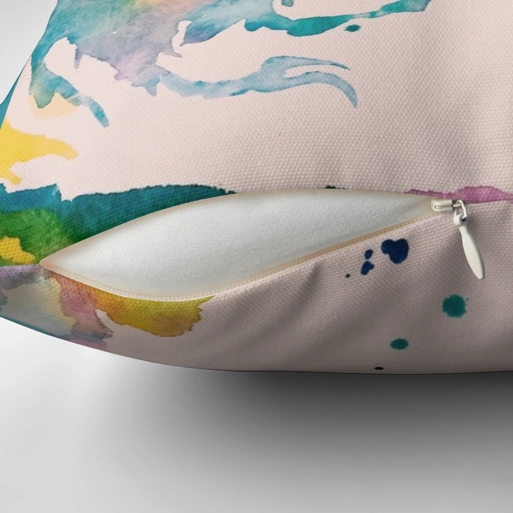 A watercolor-style pillow featuring a Jurassic-themed dinosaur design, perfect for adding a touch of prehistoric style to your home.