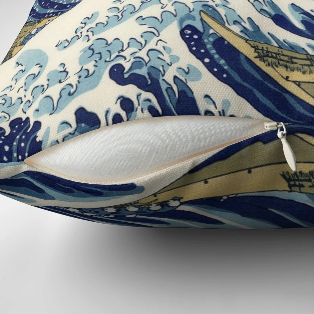 Decorative pillow featuring the iconic "Great Wave off Kanagawa" woodblock print design