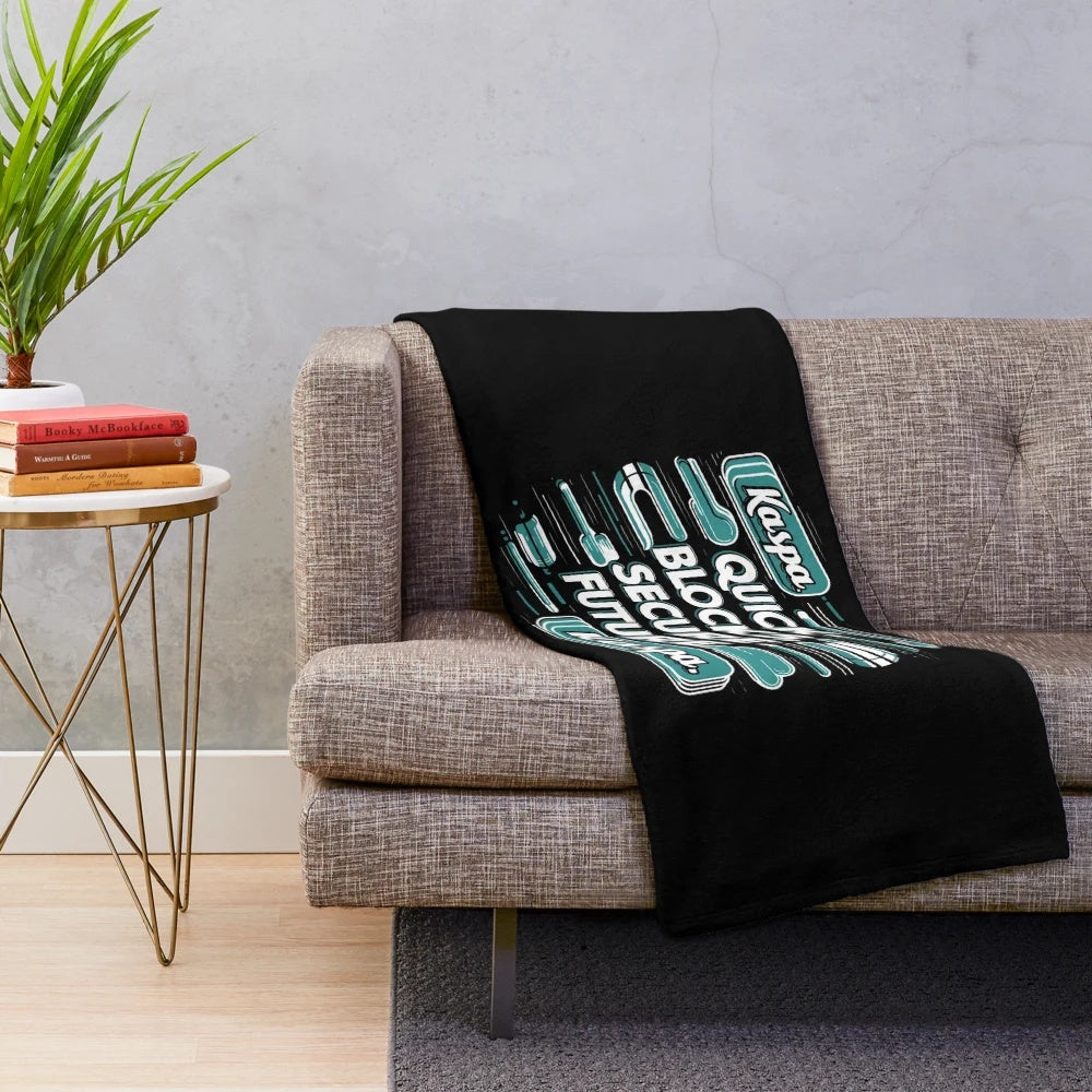 Kaspa cryptocurrency-themed plush blanket with digital asset and blockchain design