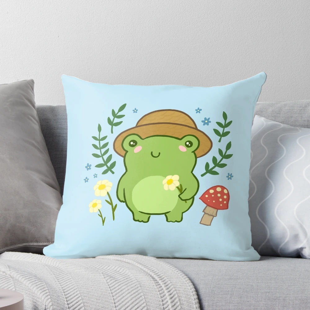 Kawaii aesthetic green frog wearing a gardener's hat with mushroom flower blossoms, a nature illustration pillow design.