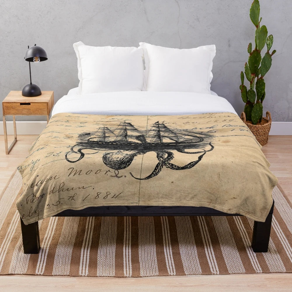 Kraken-themed plush blanket with vintage ship design