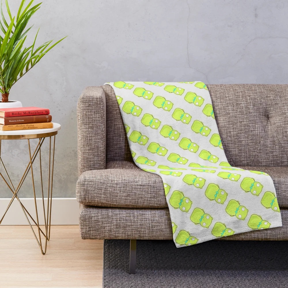 Kuchi Kopi inspired plush blanket featuring the iconic green character from the TV show Bobs Burgers