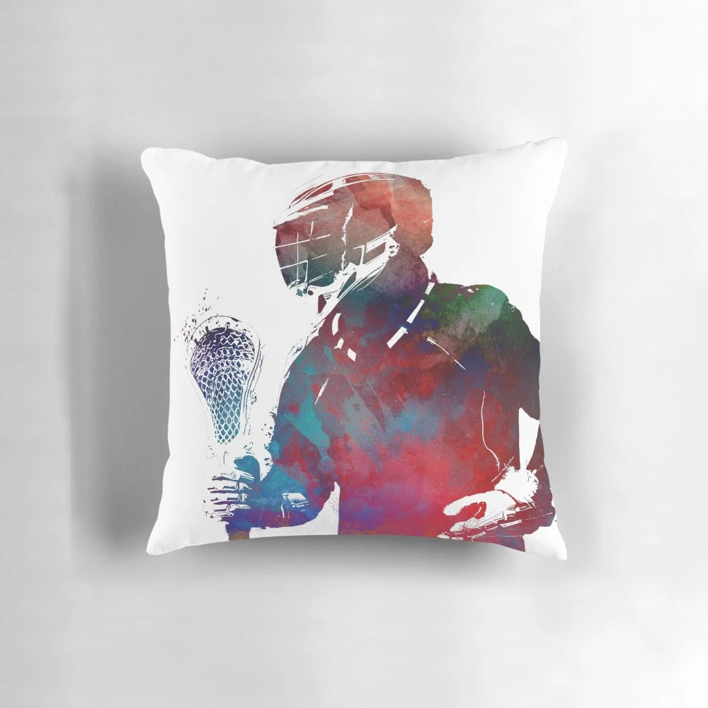 Vibrant watercolor illustration of a lacrosse player on a decorative throw pillow.