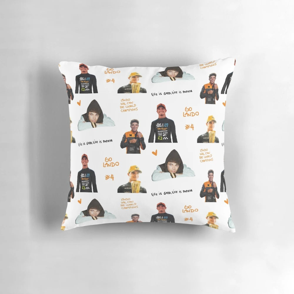 Lando Norris inspired decorative pillow featuring custom illustrated stickers