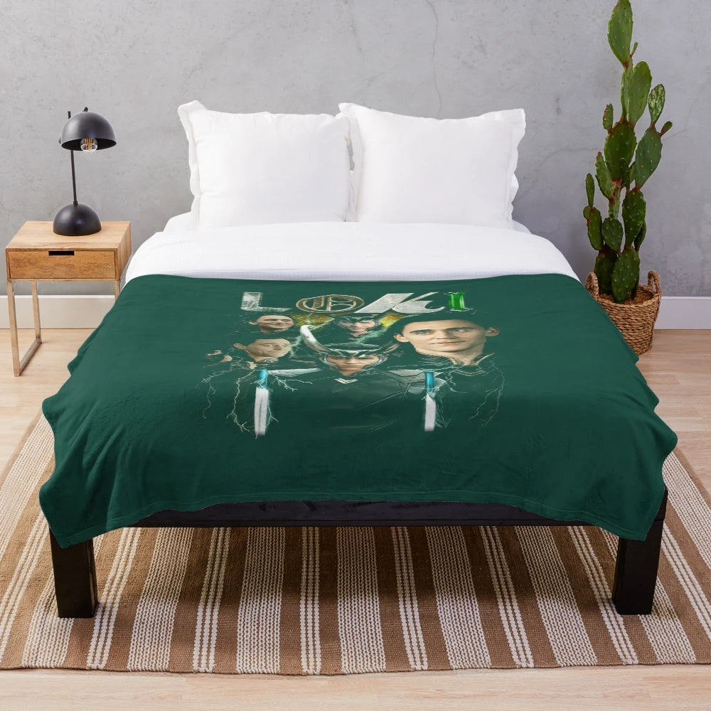 Loki-themed plush blanket featuring the God of Mischief from the Marvel Cinematic Universe