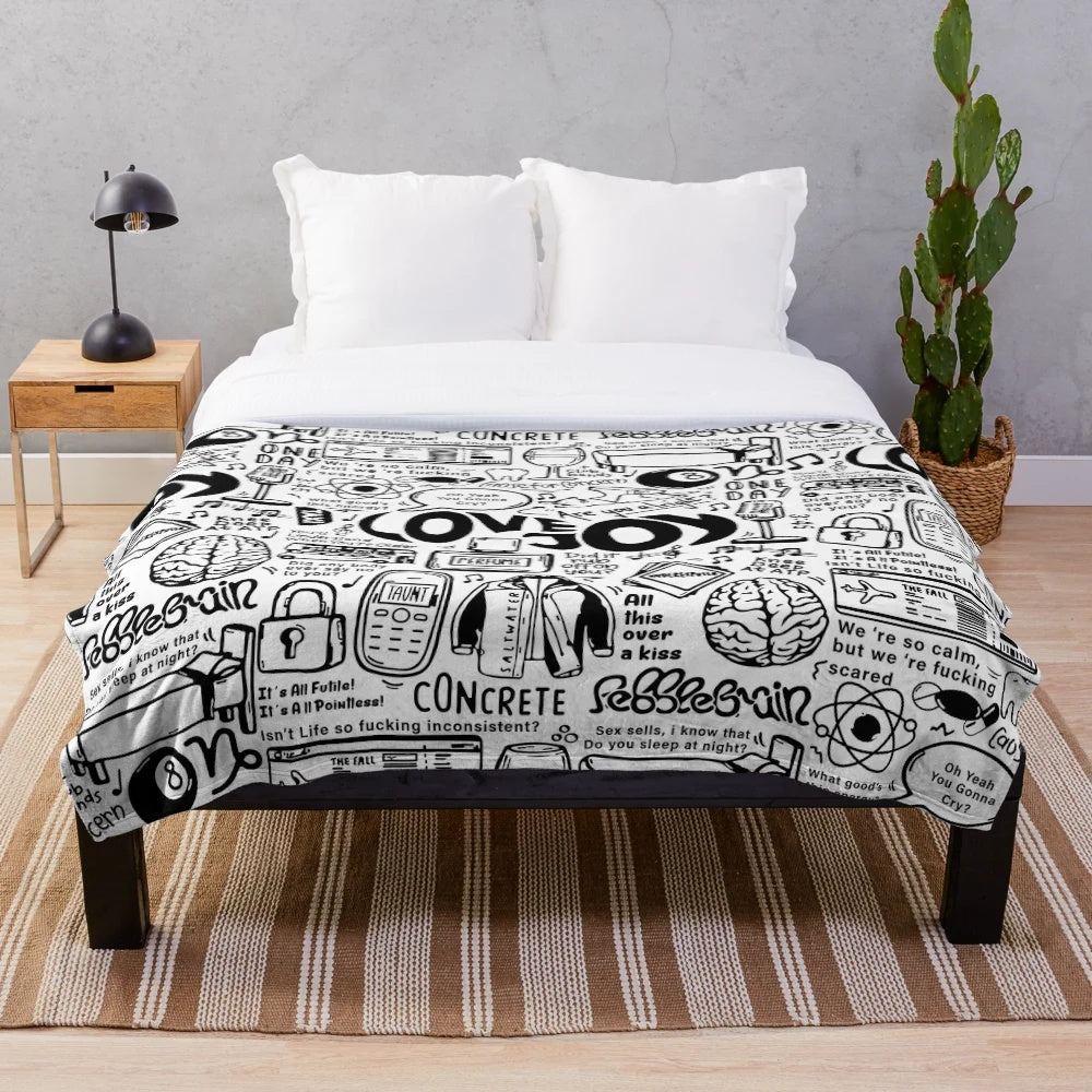 Lovejoy-inspired plush blanket with doodle pattern
