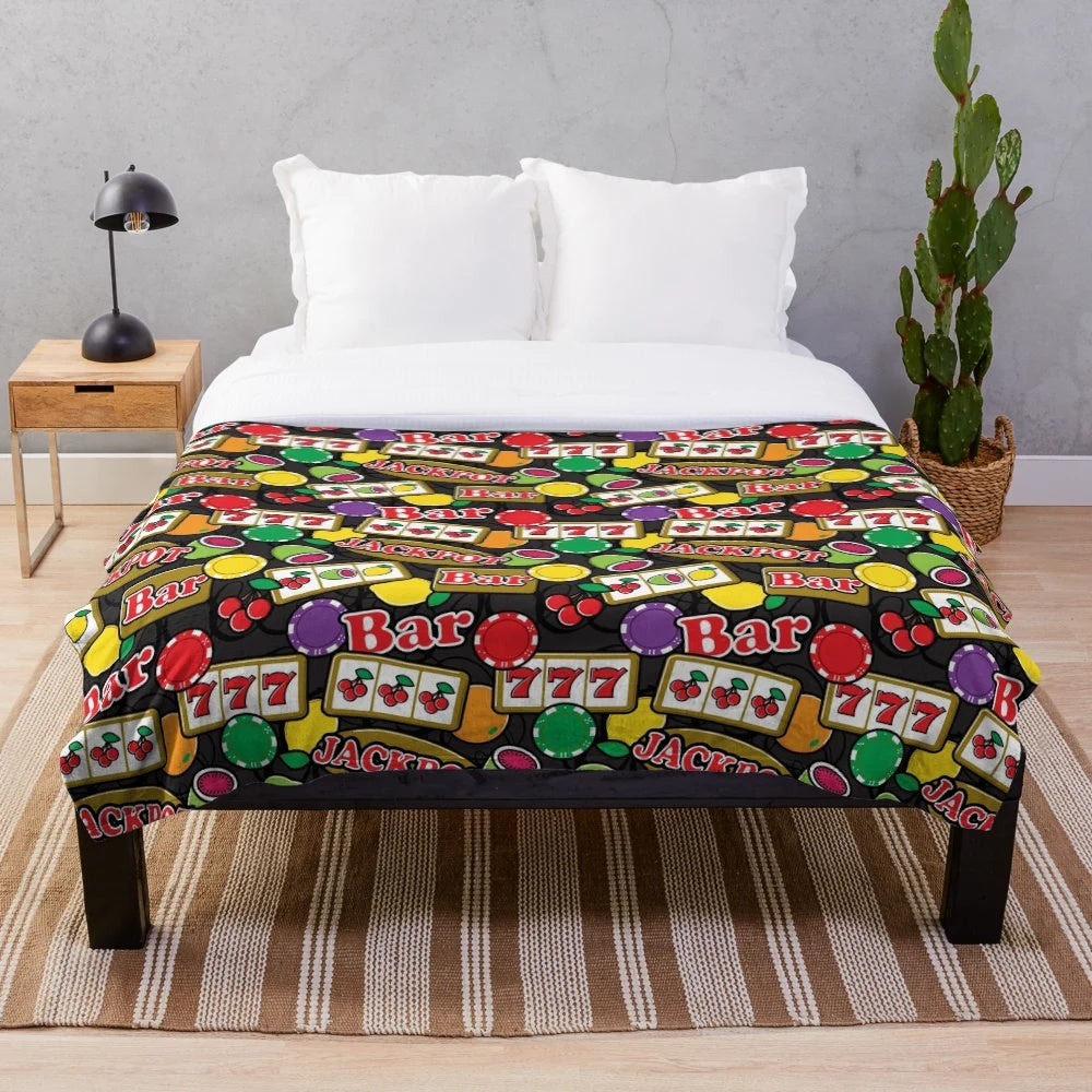 Plush blanket with casino-themed slot machine and fruit symbols design