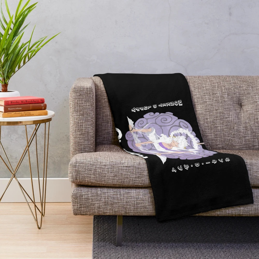 Luffy Gear 5 inspired plush blanket featuring the iconic Straw Hat Pirate