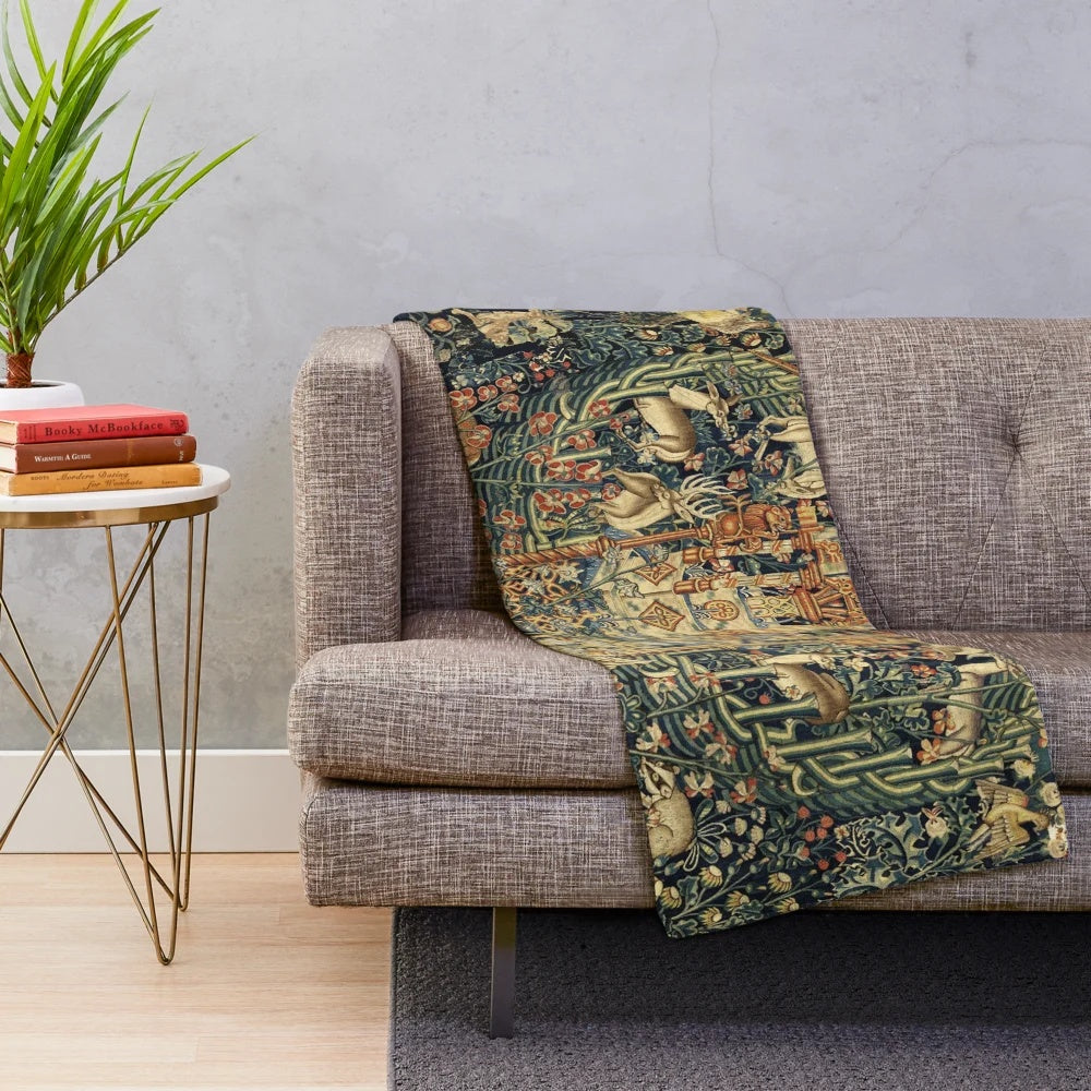 Verdure with Forest Animals Medieval Floral Plush Blanket