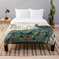 Peacock Jewels Plush Blanket in Teal and Gold Vintage Inspired Design