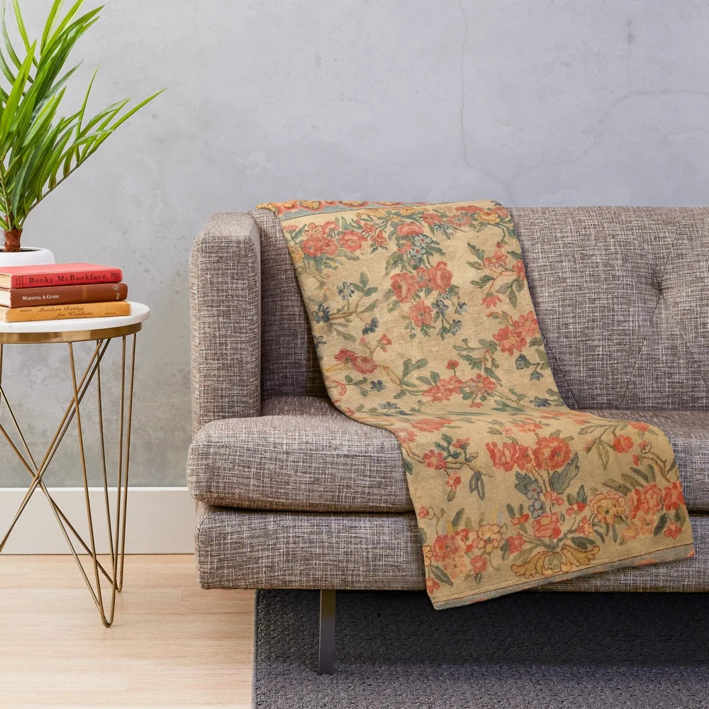 Antique French Savonnerie rug inspired plush blanket with floral design