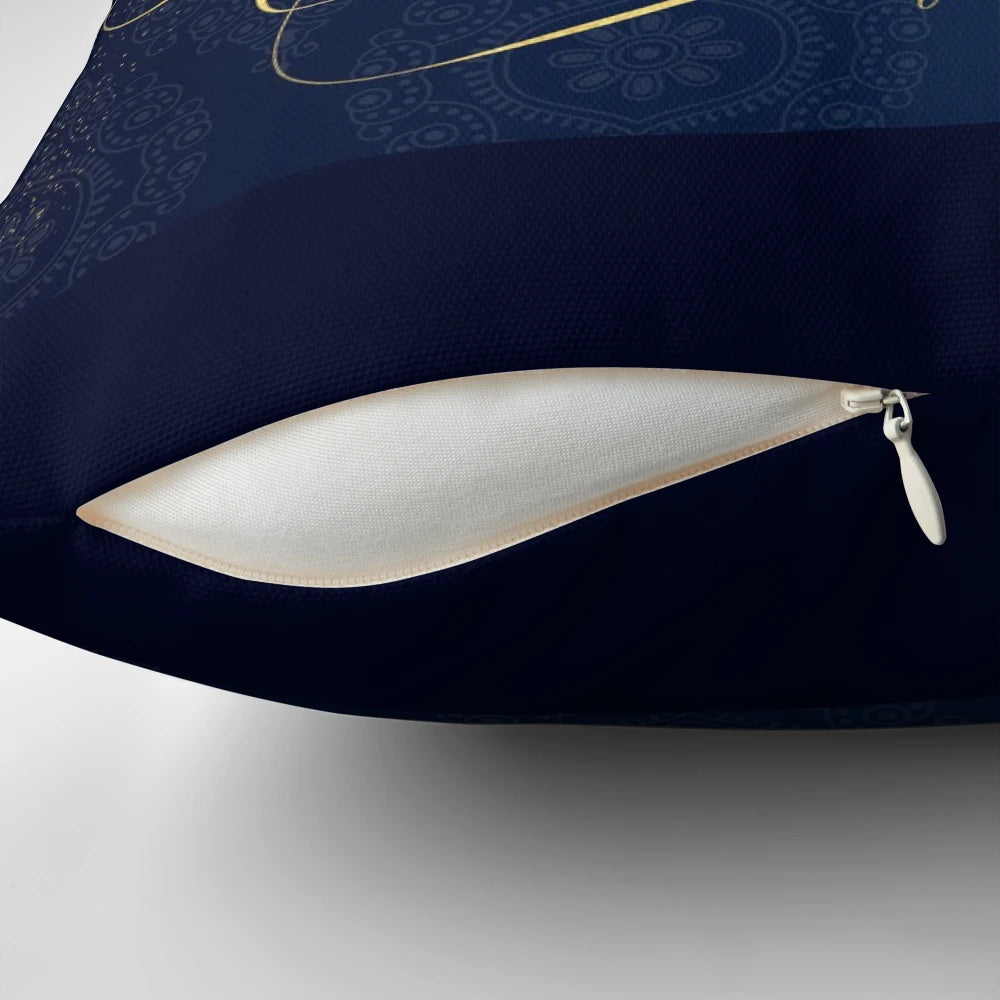 Navy blue and gold leaf Christmas pillow with scattered star design, a cozy and elegant holiday home decor accent.