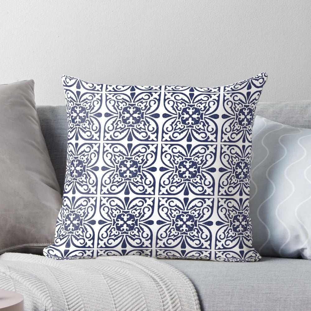 Navy blue, white, and indigo Moroccan trellis lattice pattern decorative throw pillow