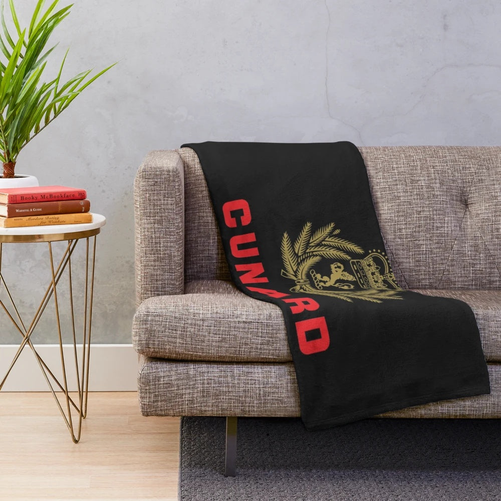 Luxury cruise-inspired plush blanket with Cunard ship and Liverpool skyline imagery
