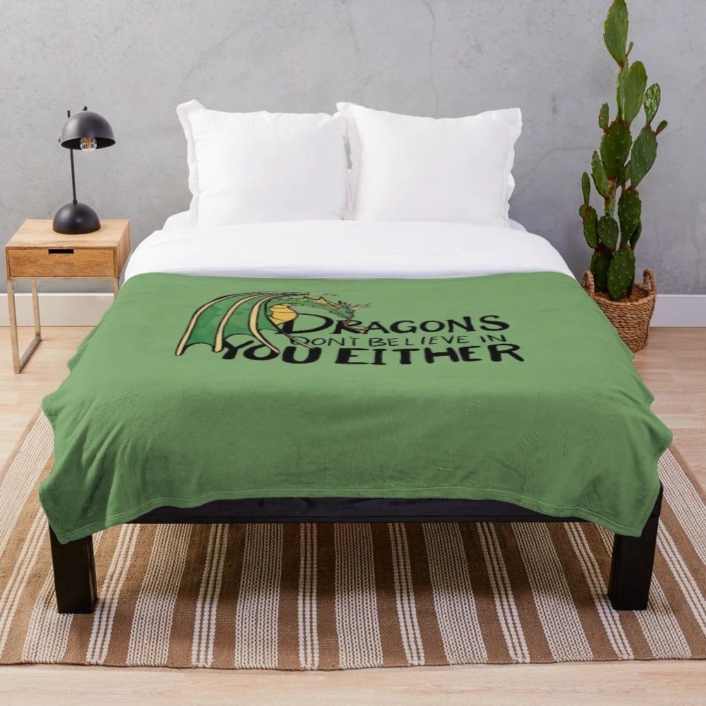 Soft, cozy dragon-inspired plush blanket with a humorous design