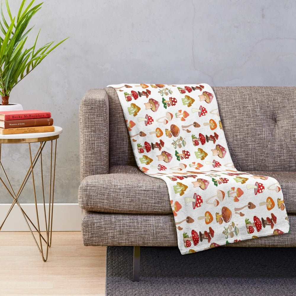 Cozy plush blanket with a seamless mushroom pattern design