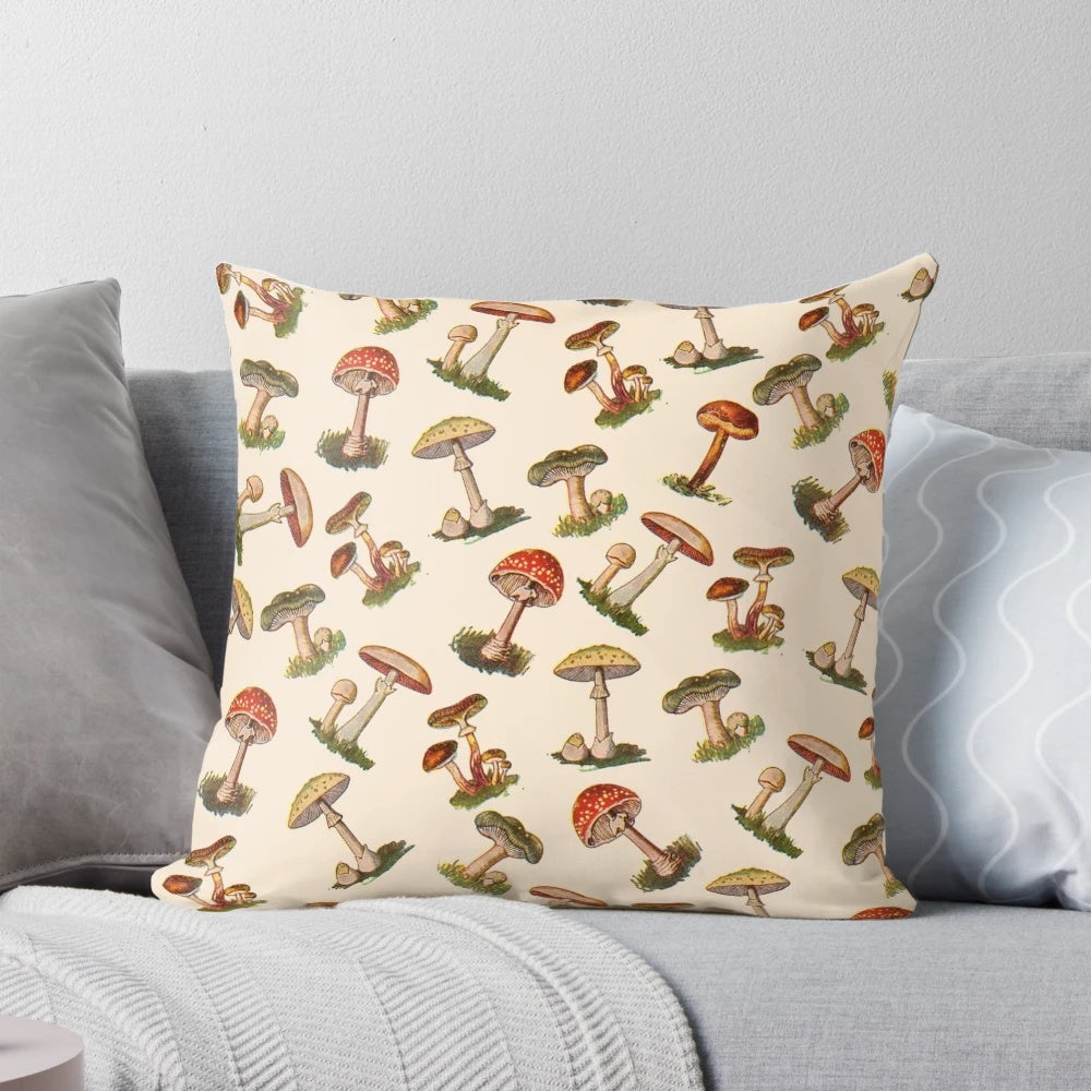 Colorful throw pillow featuring a whimsical mushroom design, perfect for nature-inspired home decor.