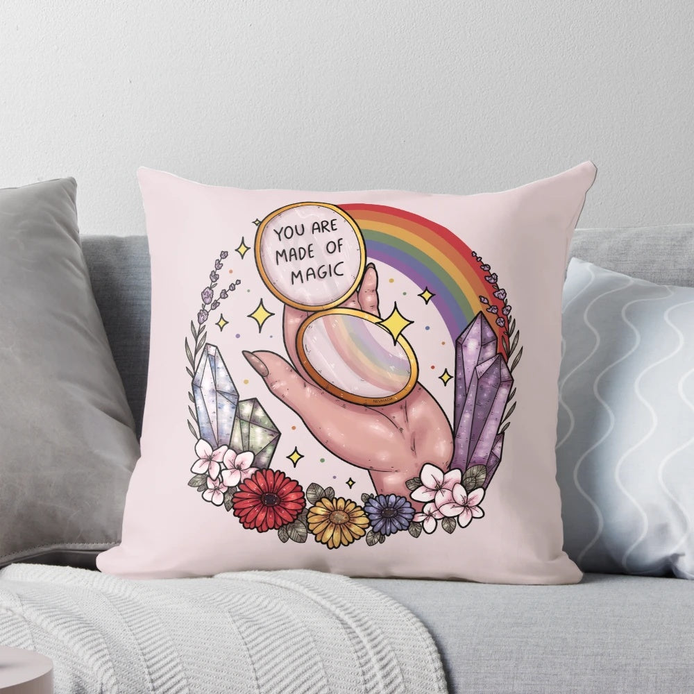 Vibrant rainbow-colored pillow with a cluster of quartz crystals, creating a magical and whimsical design.