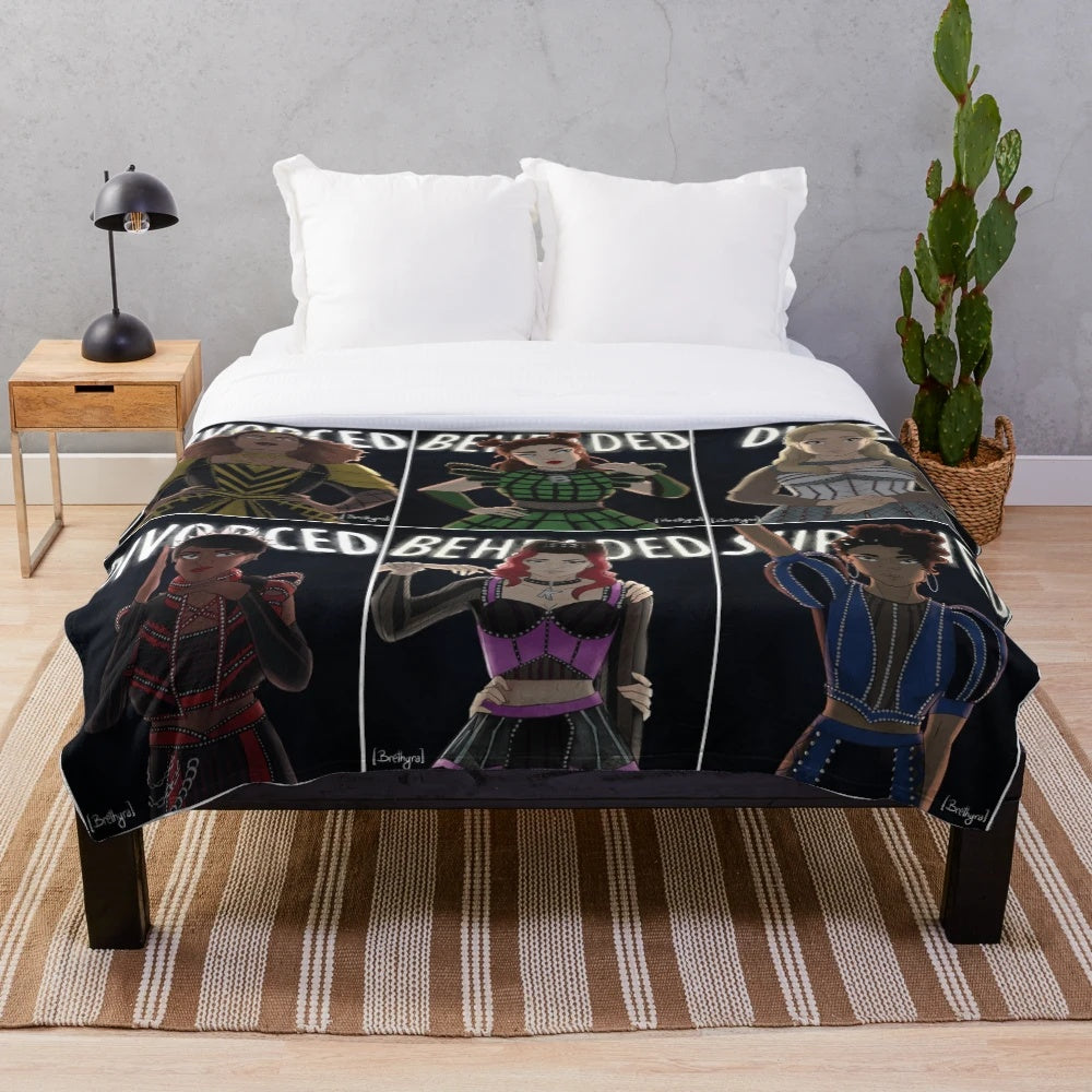 Cozy plush blanket inspired by the hit musical Six, featuring the six wives of Henry VIII