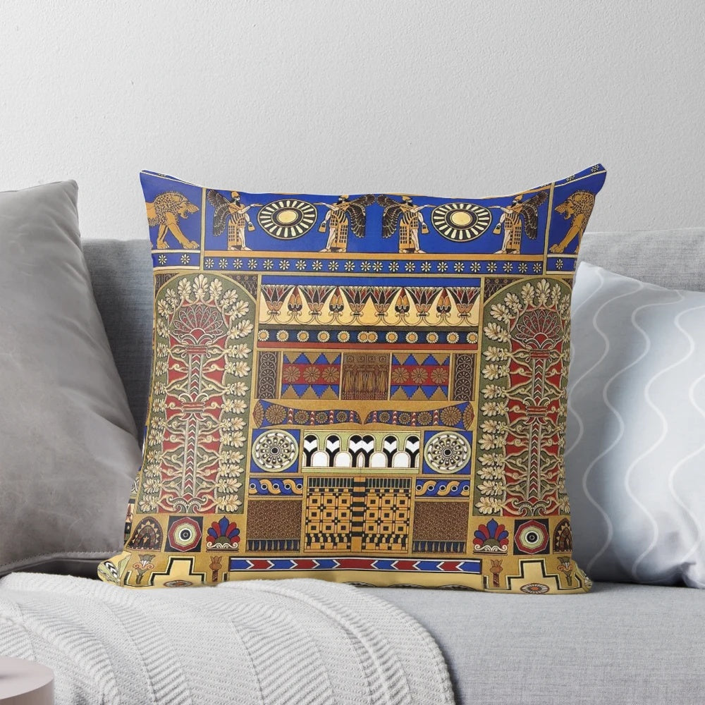 Ancient Assyrian art-inspired decorative throw pillow featuring intricate patterns and designs