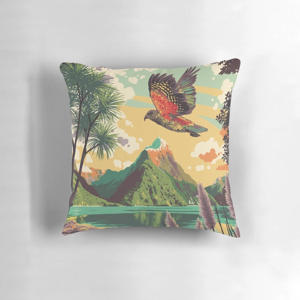 Milford Sound Landscape Pillow featuring a vintage-inspired graphic of the famous New Zealand fjord