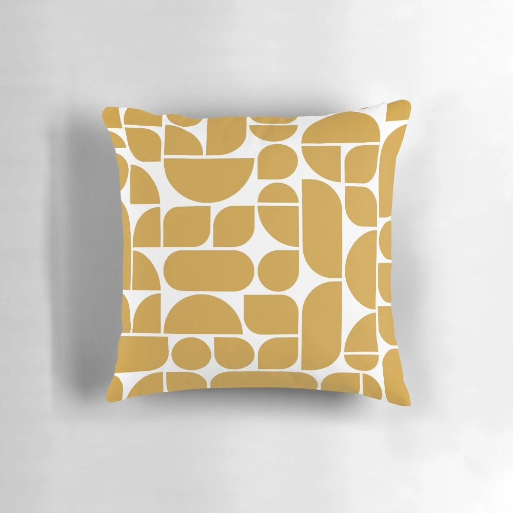 Minimal geometric abstract art pillow in honey yellow and white color, inspired by Bauhaus and Scandinavian design