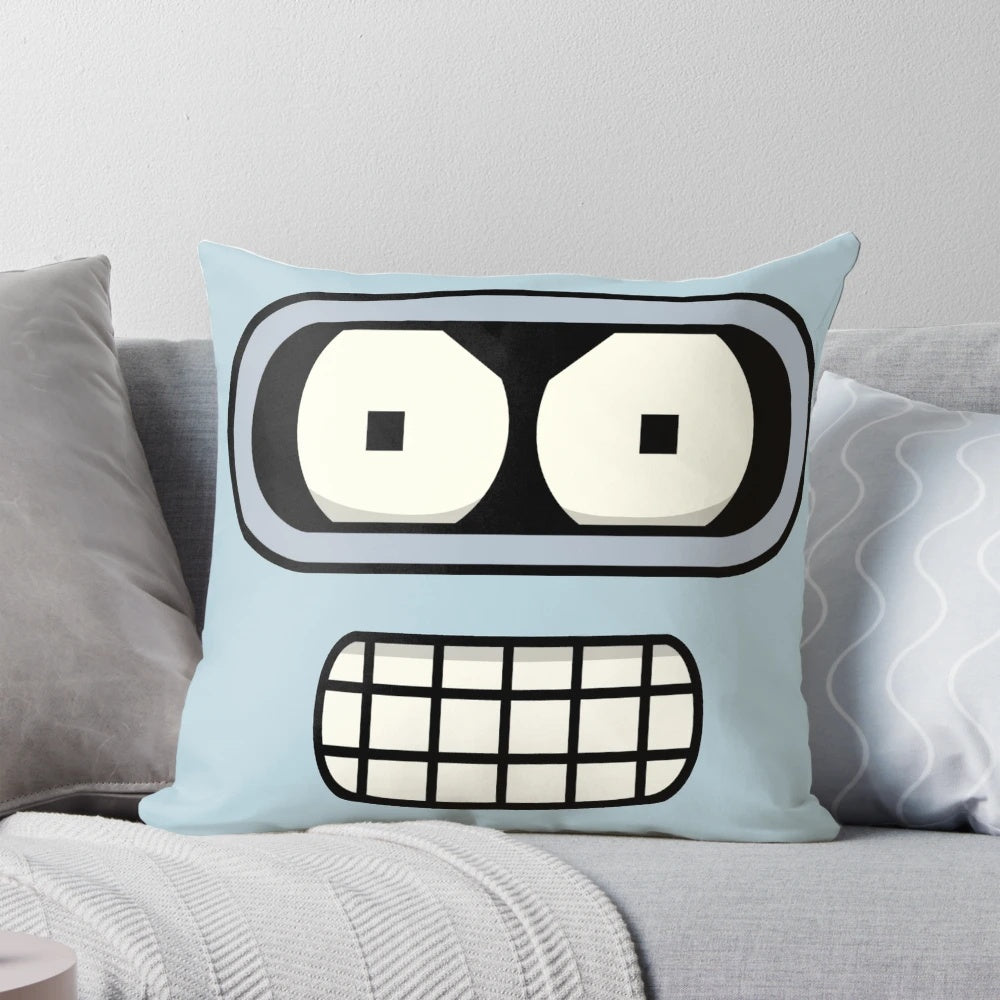 Minimalist grey pillow featuring the iconic face of Bender from the animated series Futurama