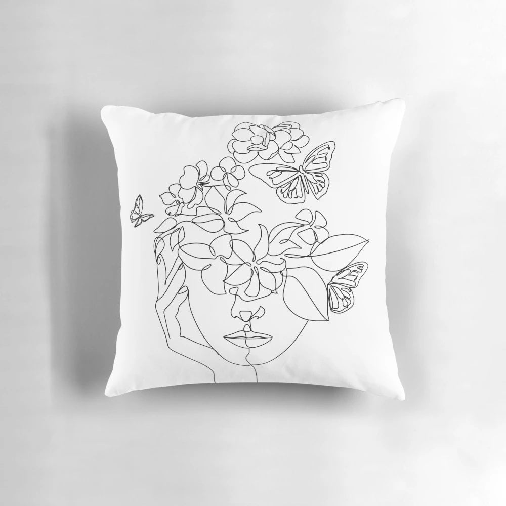 Abstract botanical portrait with minimalist one-line flower drawing