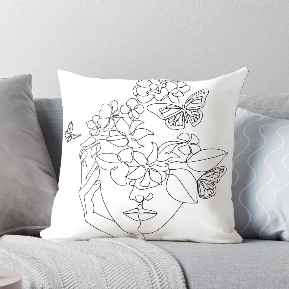 Abstract botanical portrait with minimalist one-line flower drawing