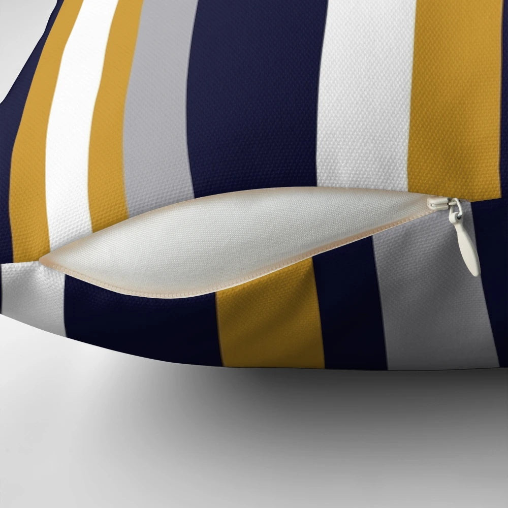 Minimalist color block vertical stripe pattern throw pillow in honey mustard, dark navy blue, and gray