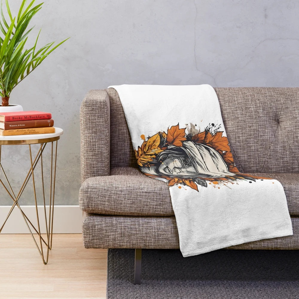Minimalist autumn nature plush blanket with watercolor leaf design