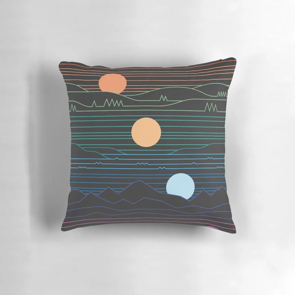 Minimalist Pillow Art with Graphical Sun and Nature Landscape Design