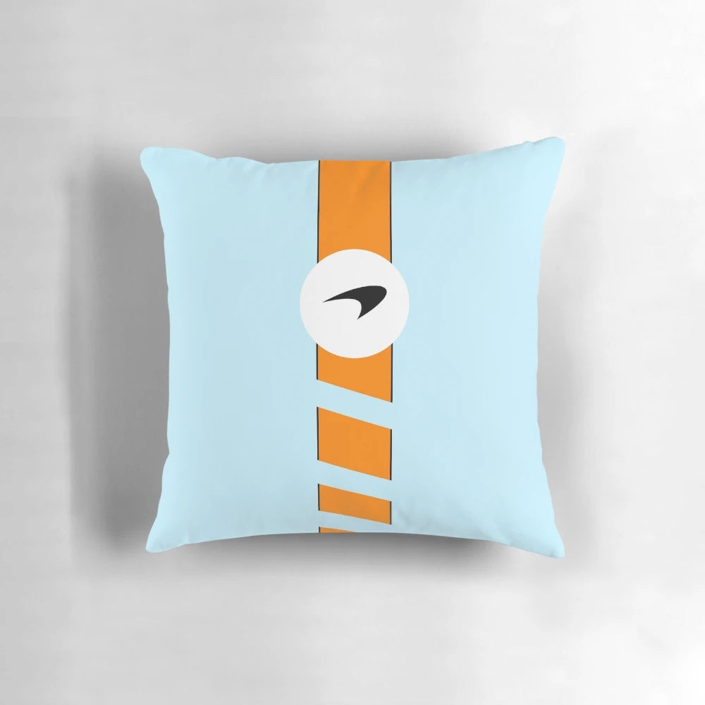 Minimalist McLaren F1 pastel blue pillow with a sleek, modern design featuring motorsports icons.