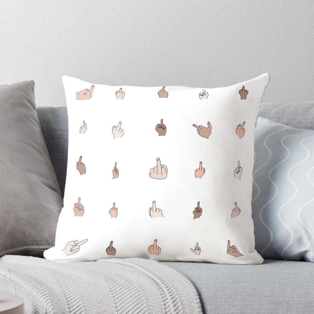 A throw pillow featuring a simple line drawing of a hand with the middle finger raised.
