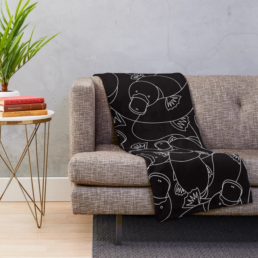 Minimalist platypus plush blanket in black and white line drawing design