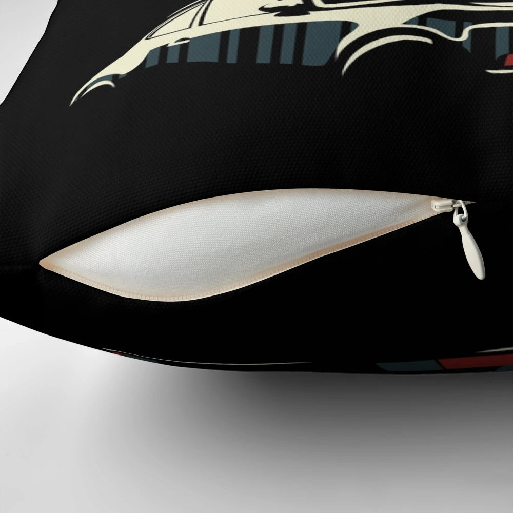 Minimalist black and white illustration of a Porsche 911 car on a plush pillow