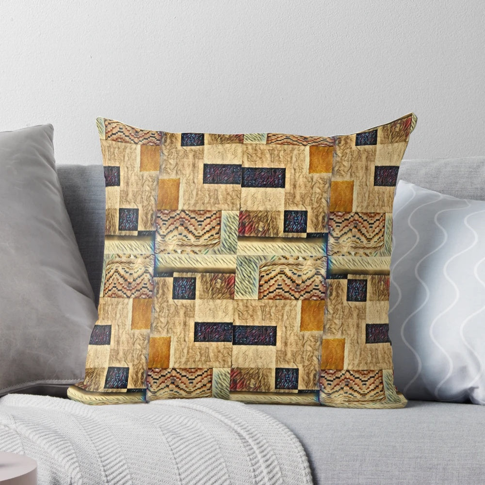 A modern, abstract art-inspired throw pillow with a geometric design in vibrant colors.