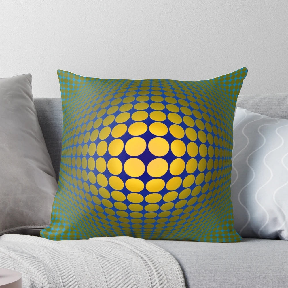 Vibrant op art pillow with abstract geometric patterns and optical illusion design.