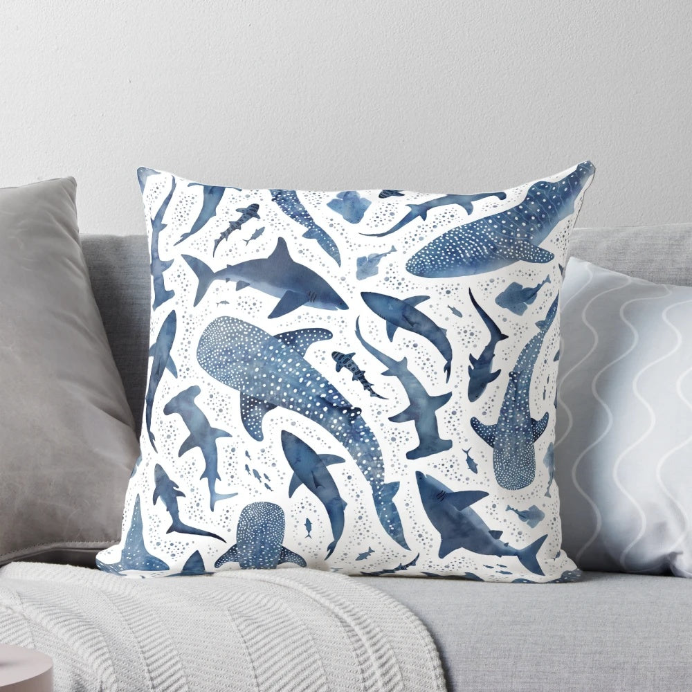 Monochrome blue watercolor painting of a shark in the ocean, perfect for kids' room decor.